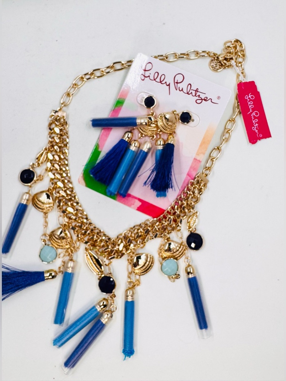 Lilly Pulitzer Royal Blue Tassel & Chain Fringe Necklace & Matching Earrings NWT - Picture 2 of 2